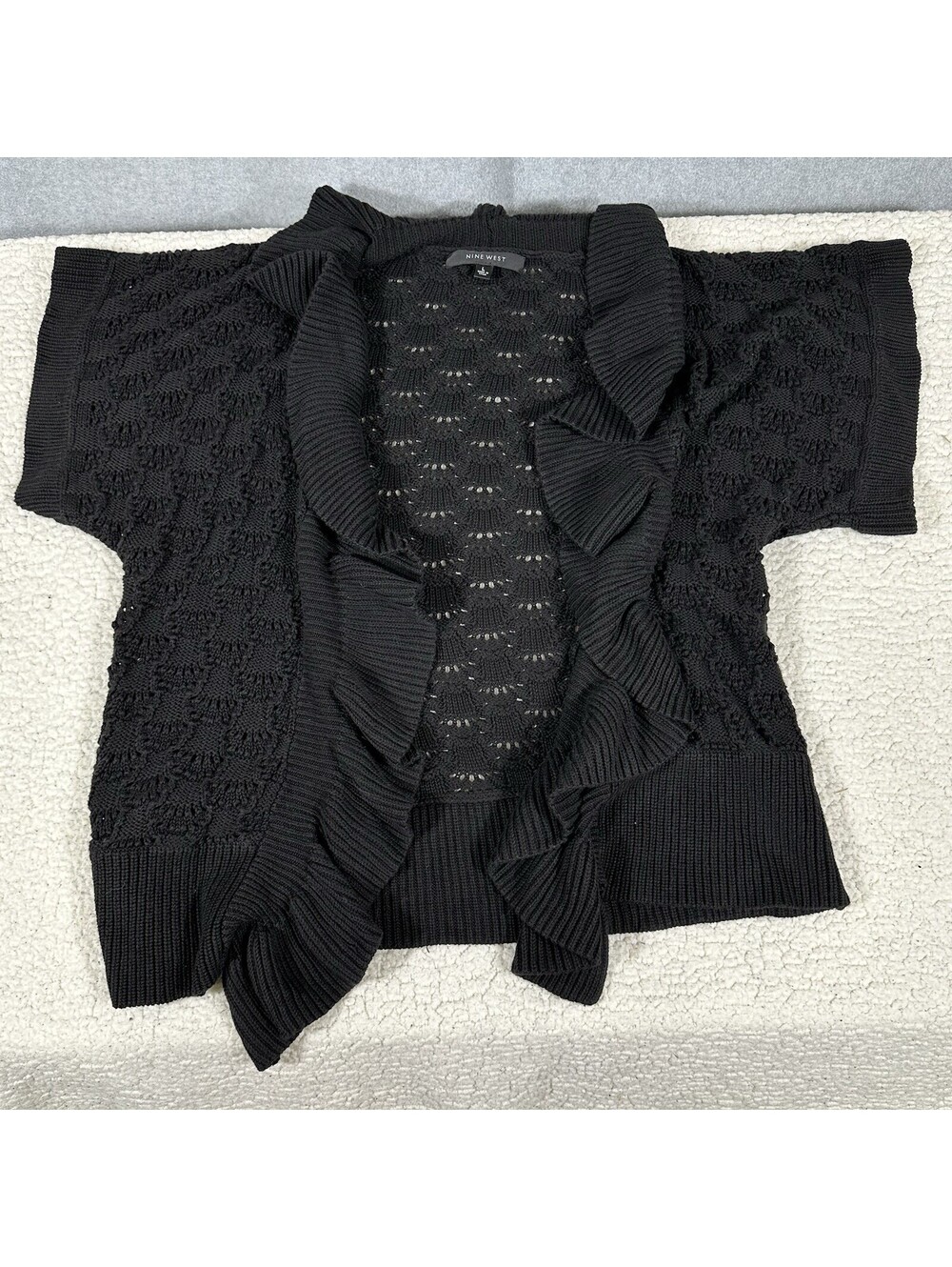 NINE WEST Sz. L Black Knit Shrug Bolero Cardigan Sweater Open Front Short Sleeve